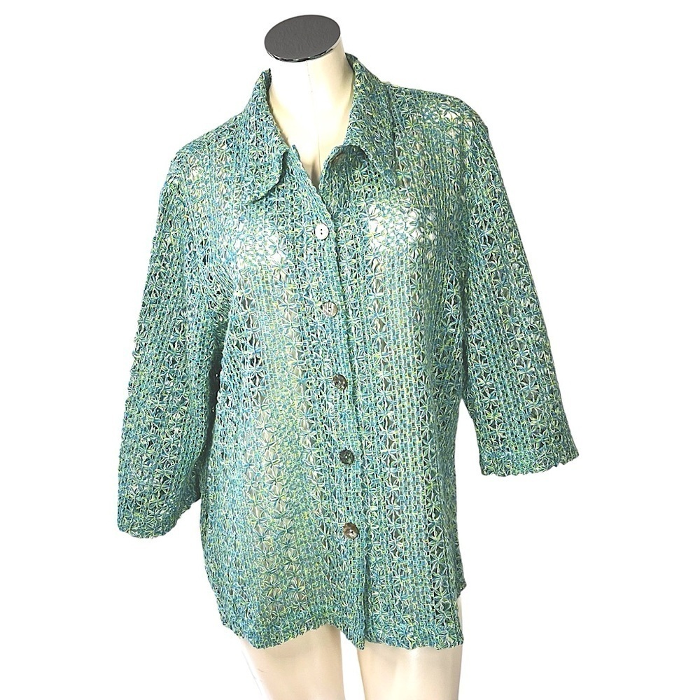 CYNTHIA MAX RELAX 3/4 Sleeve Button Front Blue Yellow Green Knit Cardigan Sz 2X